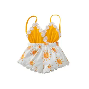 2022夏季无袖新款女婴连身衣黄色可爱小太阳印花连身花蕾丝吊带短裤紧身衣