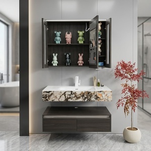 Mobile <span class=keywords><strong>Bagno</strong></span> Sospeso di Lusso Minimalista Scandinavo Scanalato con Piano in Marmo e <span class=keywords><strong>Lavabo</strong></span> a Vaso Bianco Integrato - Product Image 2