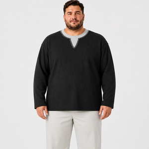 男式纹理棉质长袖 T 恤，圆领，撞色领子，休闲大码，宽松版型，6XL 7XL - Product Image 4