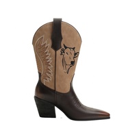 Bottes de cowgirl western avec broderie de taureau, bottes mi-mollet bicolores en PU avec bout carré/pointu, talon épais, confort et style.