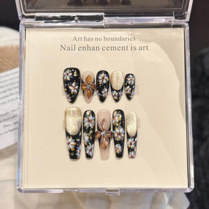 Ontwerp # 3234 # 3236 Luxe handgemaakte 3D bloemen nagelkunst zwart gouden Franse opzetnagels volledige dekking dikke acryl kunstnagels - Product Image 1