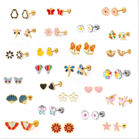 Anting-anting baru, antialergi, berlapis emas, motif kartun bunga pelangi kupu-kupu, stainless steel, enamel custom, anting-anting kancing untuk anak-anak