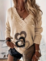 Pull-over élégant et décontracté pour femme, beige, col en V, épaules tombantes, ample, respirant, imprimé motif cœur, idéal pour le printemps