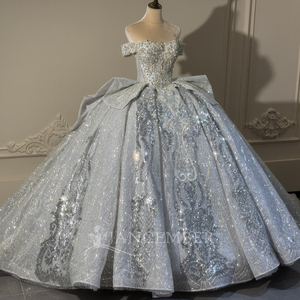 Xs307 <b>Sparkly</b> Silver Quinceanera Ball Gown Crystal Beaded Off Shoulder Embroidery Glitter Tulle Dress For Pageant Jancember - Product Image 3