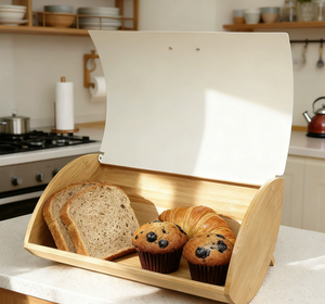 กล่องใส่ขนมปังฝาไม้ไผ่ OEM, กล่องเก็บขนมปังโลหะ, กล่องขนมปังสำหรับห้องครัว, กล่องใส่ขนมปังกันฝุ่นสำหรับร้านเบเกอรี่ขายส่ง - Product Image 1