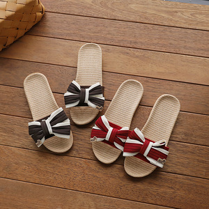 รองเท้าแตะผ้าลินินแบบใหม่ประดับโบว์สำหรับผู้หญิง รองเท้าแตะสำหรับฤดูร้อน รองเท้าแตะใส่ในบ้านและนอกบ้านสำหรับผู้หญิง - Product Image 5