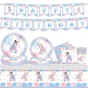 Assiettes en papier jetables à thème <span class=keywords><strong>licorne</strong></span> fleurie pour enfants, ensemble de fournitures de fête pour la célébration d'anniversaire - Product Image 1
