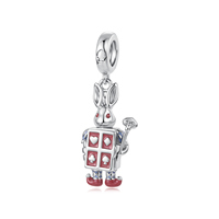 Breloque Lapin Cartoon Plaqué Argent avec Émail Rouge Motif Carte de Jeu – Bijou Unisexe Idéal Cadeau