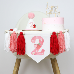 Strawberry Theme <strong>2</strong> <strong>Year</strong> <strong>Old</strong> Birthday High Chair Tassel Banner Hat Cake Topper Strawberry Birthday <strong>Party</strong> Decoration - Product Image 2