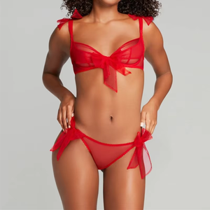 Completo Intimo Sexy Rosso in Rete <span class=keywords><strong>Trasparente</strong></span> con Fiocco, <span class=keywords><strong>Reggiseno</strong></span> e Culotte a 2 Pezzi per Donna, Lingerie Esotica Romantica con Ferretto - Product Image 2