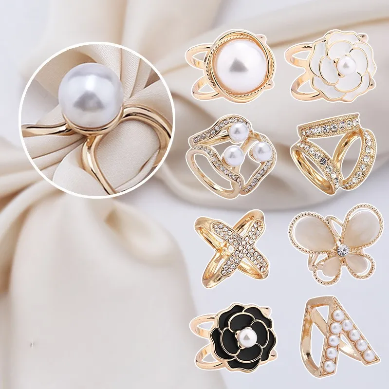 Retro Fashion Rhinestones tiga cincin syal klip selendang sutra syal dekorasi cincin gesper untuk wanita