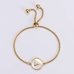 New stainless steel electroplating 18k gold plate adjustable bracelet with white shell A-Z round initial letter