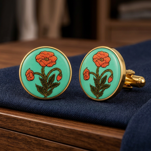 Mancuernillas de Latón Esmaltado Hechas a Mano con Diseño de Flor de Amapola Roja, Base Turquesa, Acabado en Tono Dorado, Regalo Formal para Bodas, Fiestas y Aniversarios - Product Image 5