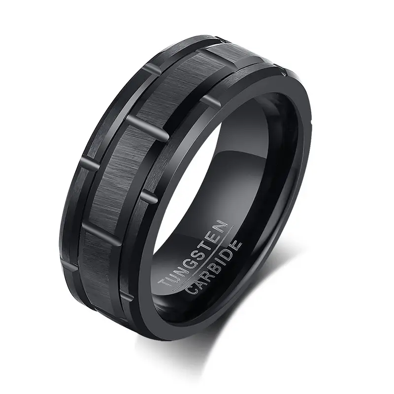 Poya Wholesale Custom Matt Brushed Finish Beveled Edge Grooved 8mm Silver Black Tungsten Ring For Men