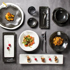 Nordic Ceramic Kiln Black White Glaze Stoneware Porcelain Restaurant Rock Texture Dinnerware Sets Wholesale Catering Tableware