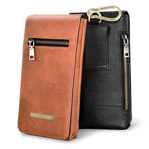 Wholesale Black Custom Leather mens cellphone bags For mobile Phone universal waist wallet bag case men waist phone case bag