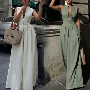 <span class=keywords><strong>Mono</strong></span> de Trabajo para Mujer al por Mayor, <span class=keywords><strong>Mono</strong></span> de Verano sin Mangas, Holgado, Moderno, con Cuello en <span class=keywords><strong>V</strong></span>, Cremallera, Cintura Alta y Pierna Ancha - Product Image 2