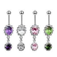 Meilleures ventes en gros : Piercing de nombril pour femme en acier inoxydable personnalisé, pendentif double zircone en forme de fleur