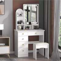 Kit de Coiffeuse Moderne en Bois Massif Couleur Crème, Économique et en Gros, avec Miroir LED Éclairé et Multiples Espaces de Rangement pour Chambre d'Hôtel