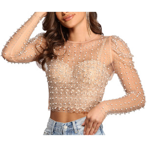 Vrouwen Wit Doorzichtig Kant Helder Diamant Kralen Mesh Shirt Zwart Lange Mouwen Doorschijnende Crop Blouse - Product Image 6