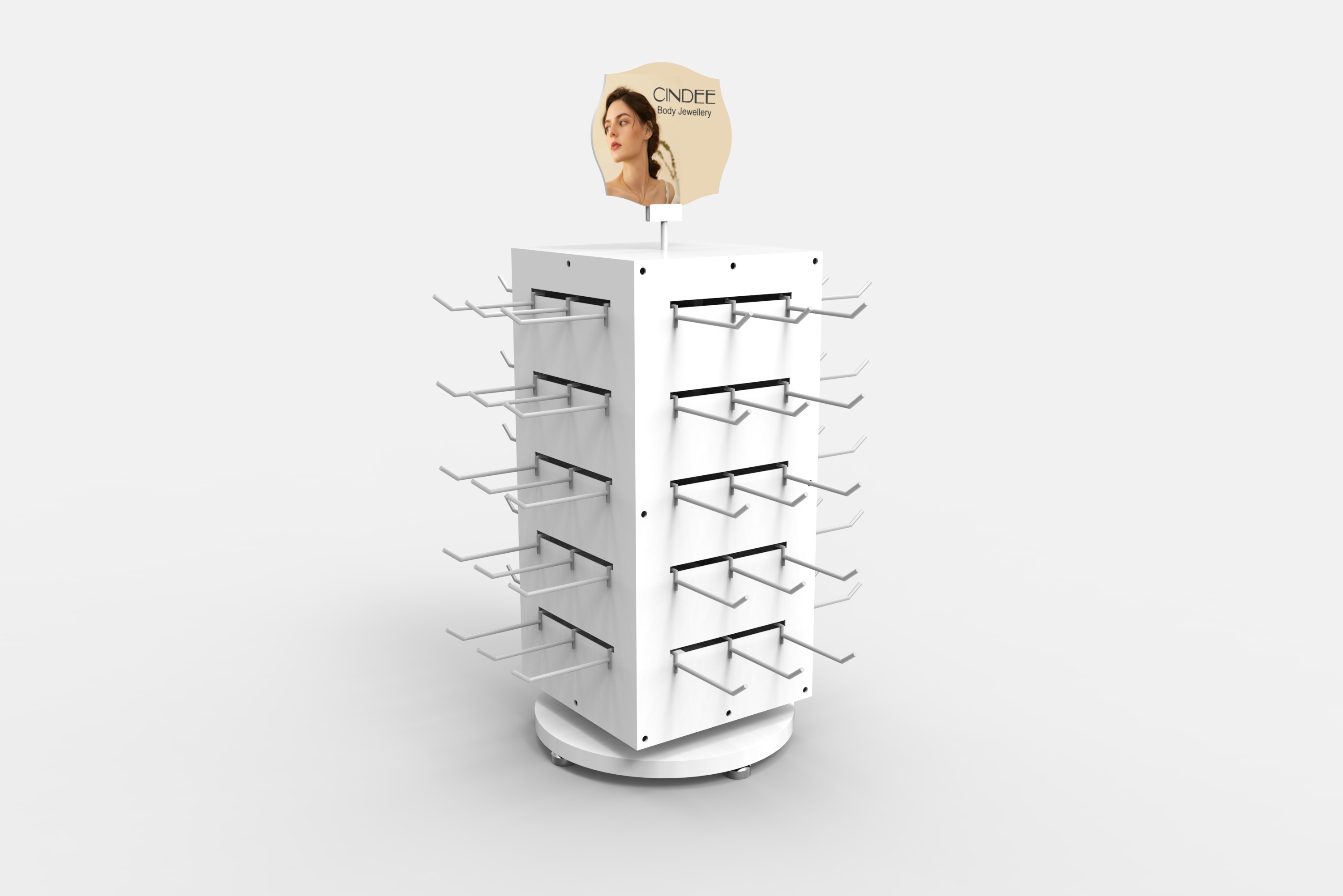 Hair Ornaments Portable Display Stand White Rotational Tube Metal Counter Top Racks Round Base Shelf Long Pegs Minimalist Design — view 4