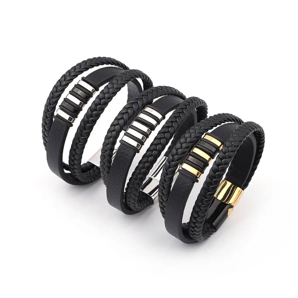 YD Jewelry Multi layer Braided Men Leather Bracelet Fashion Stainless Steel Magnetic Clasp Leather Bracelet for Men