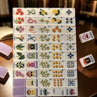Set Mahjong Amerika Ubin Mahjong Akrilik Ungu Lavender Pola Bunga Buah Kustom Set Permainan Mahjong untuk Hiburan Pesta
