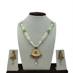 Classic 925 Silver Pearl <b>Beaded</b> Necklace <b>Set</b> with Green Pink Accents Traditional Pendant and Matching Earrings for Wedding Wear - Product Image 1