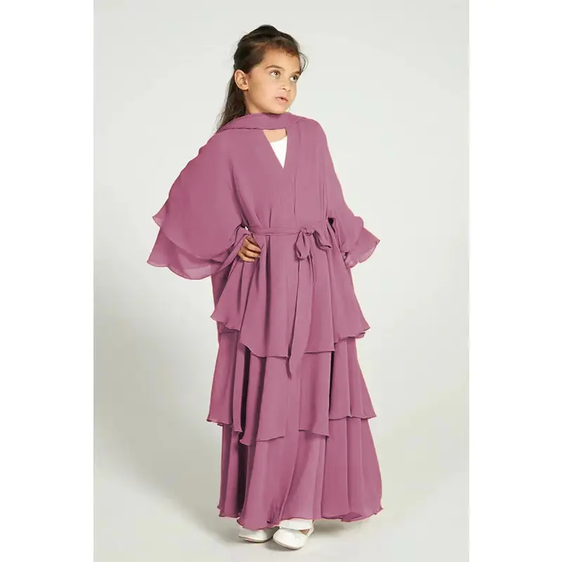 Moyen-Orient musulman Abaya filles trois couches en mousseline de soie vêtements islamiques pour enfants Abaya longue robe pour les enfants