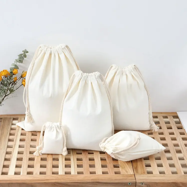 Petit et grand sac à poussière réutilisable en tissu de mousseline blanche de taille recyclée personnalisée sac à cordon en toile de coton avec logo et double ficelle