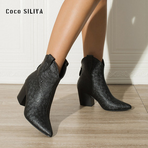 Coco Siliya Botines para mujer con punta puntiaguda y tacón grueso, suela de goma antideslizante a la moda - Product Image 3
