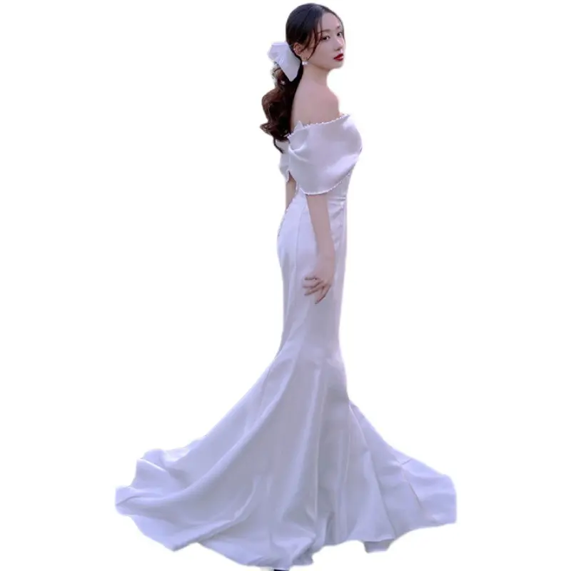 NNR-robe de mariée en Satin à épaules dénudées, robe de soirée blanche en queue de poisson pour femmes, offre spéciale