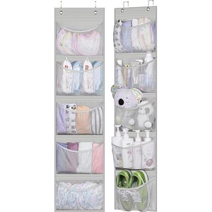 Organisateur de porte à 5 poches en tissu gris clair pour placard, chambre et salle de bain, rangement de rangement avec crochets pour un rangement bien organisé - Product Image 1