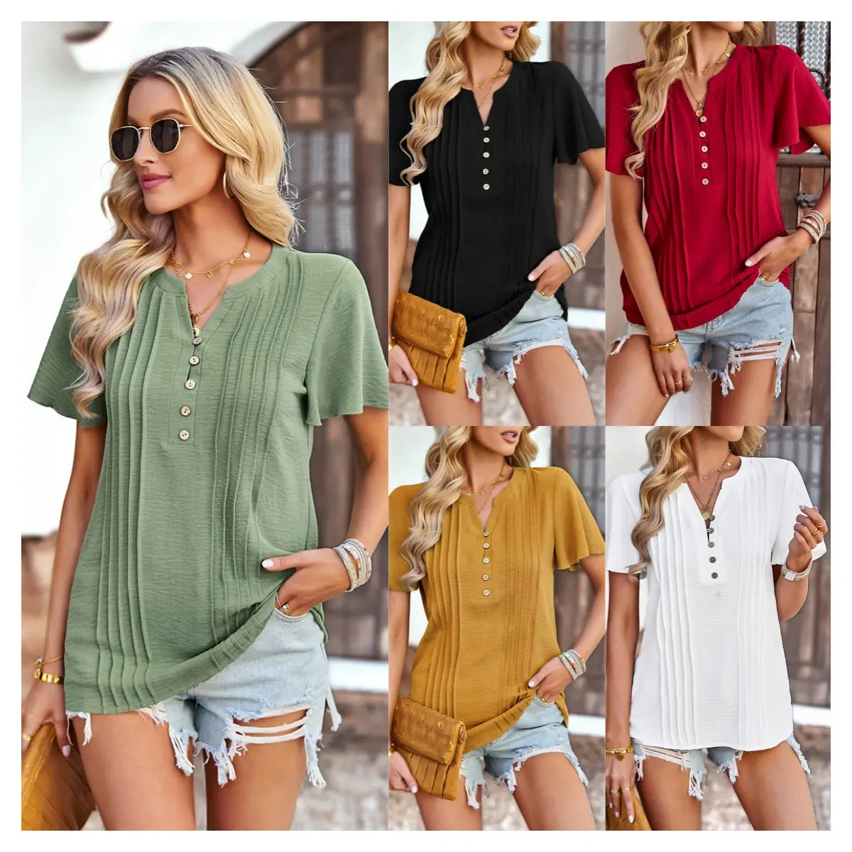 2023 Wholesale Summer Custom Ladies Fashion Lovely Lace Short Sleeve Casual T-shirt V-neck Solid Color Top women's blouses