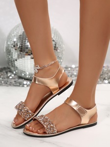 Sandalias planas con purpurina para mujer, sandalias con correa de diamantes de imitación y punta abierta, calzado informal de verano con gancho ajustable - Product Image 6