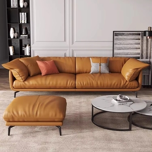 Sofá de Cuero Italiano Moderno de Lujo Ligero, Sofá de 3 Plazas <span class=keywords><strong>Relleno</strong></span> de Plumón con Cuero de Primera Capa para Sala de Estar Nórdica - Product Image 4