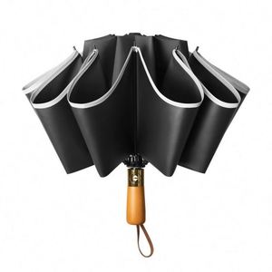 Paraguas Plegable Automático Personalizado de 10 Varillas con Borde Reflectante, Diseño Invertido y Mango de Madera para Regalos Empresariales - Product Image 1