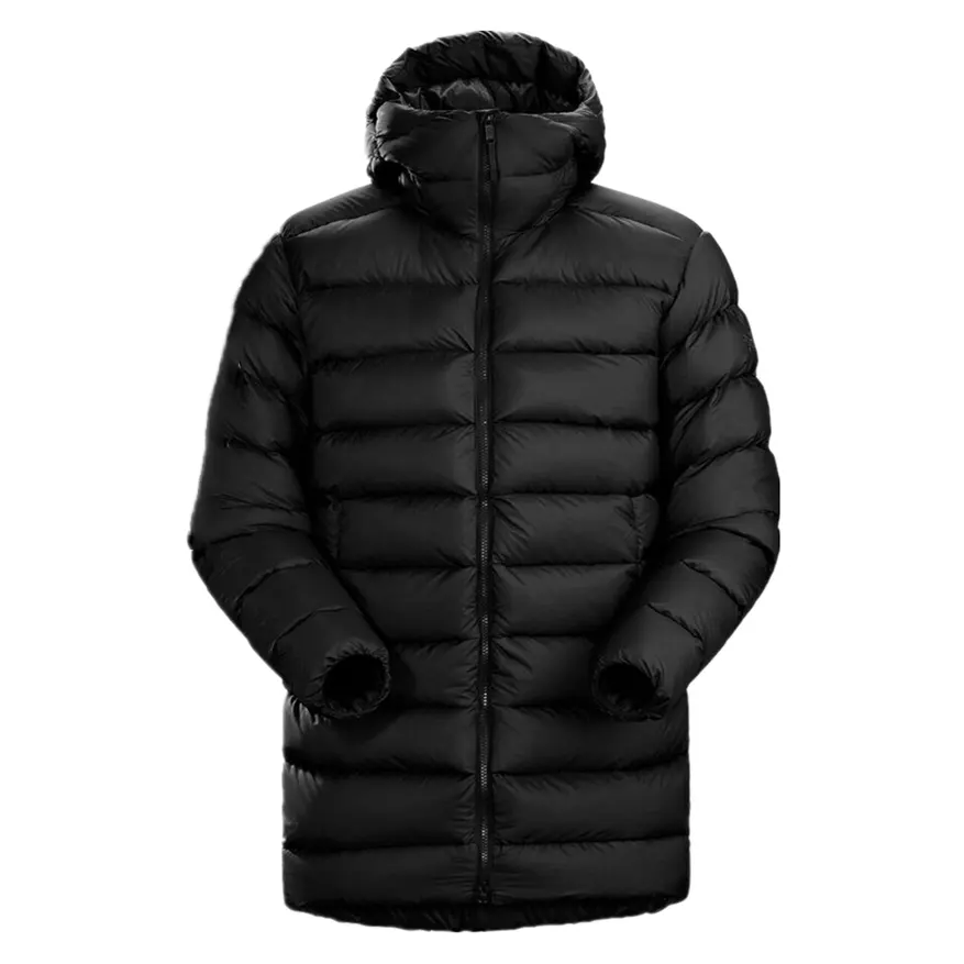 Brand Custom Logo Men Winter Outdoor Parka Windbreaker Zip Up Long Hoodie Black Down Puffer Jacket