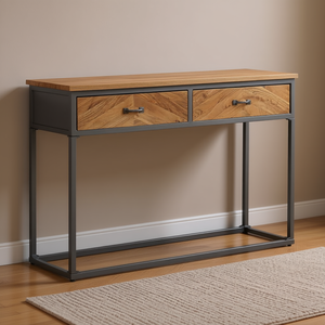 Natural Wood Console <b>Table</b> With Grey Steel Frame Modern Industrial Design Living Room Furniture - Product Image 2