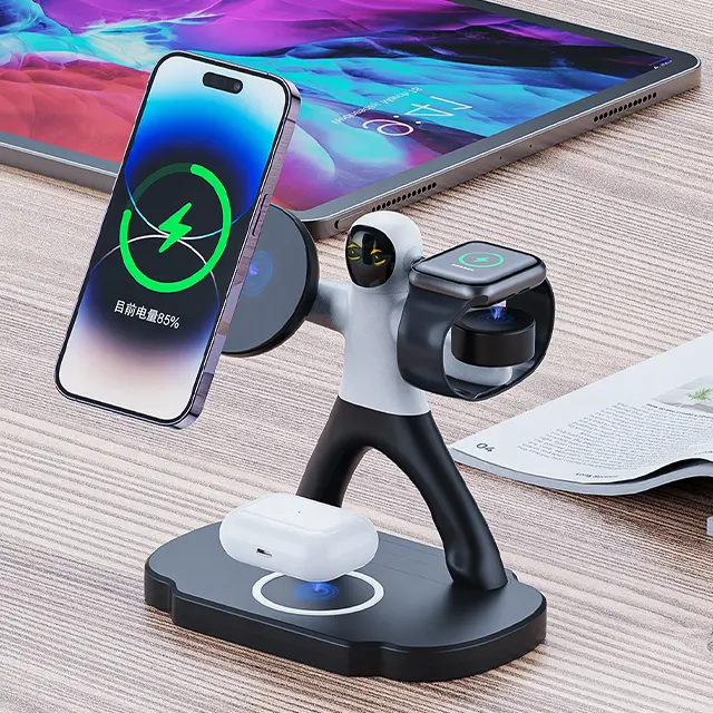2022 New Trending Robot 3 in 1 Qi Wireless Charger stand with Magnet Double 15W Fast Charging for iPhone/Airpods/iWatch