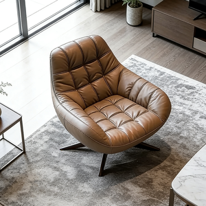 Fauteuil Lounge Nordique en Cuir <span class=keywords><strong>Marron</strong></span>, Canapé Simple, Fauteuil Pivotant Confortable, Fauteuil Club à Dossier Haut, Ensemble de Meubles de Lecture Rembourrés - Product Image 1