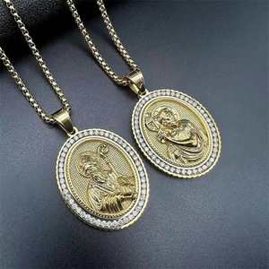 Collier unisexe punk en acier inoxydable plaqué or avec pendentif géométrique en zircon Jésus - Product Image 5
