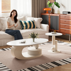Modern Cream Wind Living Room Tea <strong>Table</strong> Combination Oval Coffee <strong>Table</strong> and <strong>Side</strong> <strong>Table</strong> <strong>Set</strong> with Marble Top and Metal Frame - Product Image 4