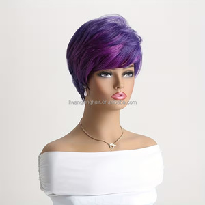 Nouvelle <span class=keywords><strong>perruque</strong></span> courte bouclée pour femme, dégradé violet avec frange, coiffure facile à poser, naturelle et multifonctionnelle - Product Image 4
