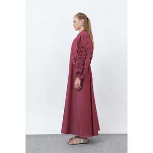 Robe-veste bordeaux pour femme avec manches à volants, coupe ample, tissu tissé, robe de travail confortable - Product Image 2