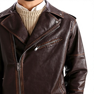 Blouson moto en cuir marron pour homme, coupe ajustée, col rabattable, fermeture éclair, longueur standard, couleur unie, automne - Product Image 6