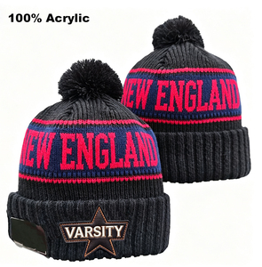 Gorro de Punto Retro de la Serie Boston City, Edición con Forro Polar Grueso, Gorro de Invierno con Pompón, Azul Marino/Rojo, Gorra Deportiva para el Día del Partido - Product Image 1