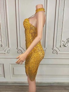 Abito da <span class=keywords><strong>Donna</strong></span> Sexy Scintillante di Lusso con Perle Dorate, Costume da Ballo, per Feste di Compleanno e Festival, con Strass, in Spandex/Poliestere - Product Image 3