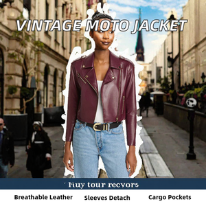Women's Suede Leather Bomber Jacket Vintage Moto Cropped Zip Up Short Sleeve Outerwear - Product Image 2