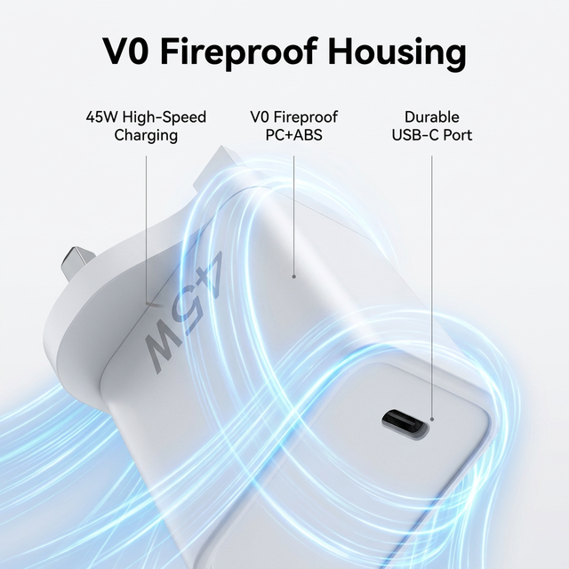 Travel Portable 45W PD Fireproof USB C Fast Charger with Universal UK Plug for Mobile Phones